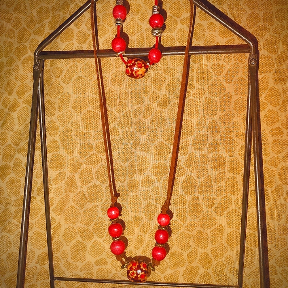 Hand crafted set Leather Wooden beads Boho